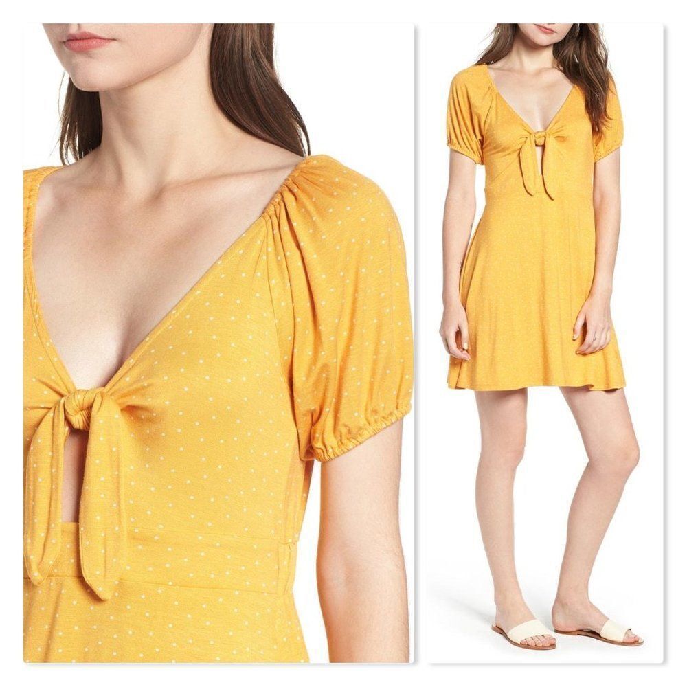 Love, Fire: Keyhole Front-Tie Polkadot Skater Dress size Large In Yellow - NEW